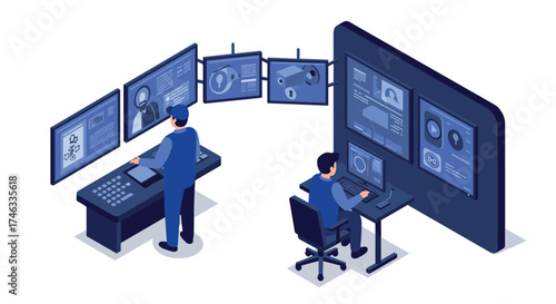 Isometric security monitoring room with multiple screens and personnel