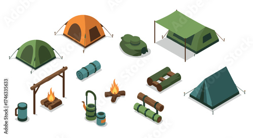 Camping equipment set with tents and campfires in isometric style for outdoor adventures
