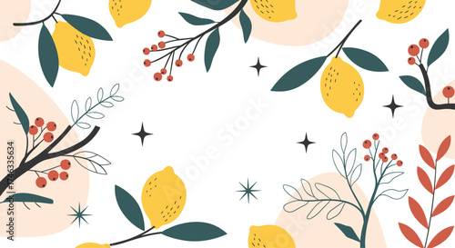 A festive pattern of lemons and berries with stars.