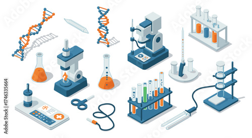 Isometric laboratory equipment set with dna models and test tubes, science apparatus for experiments