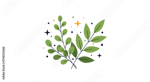 Gentle green leaves with a touch of stardust and a single bright star.