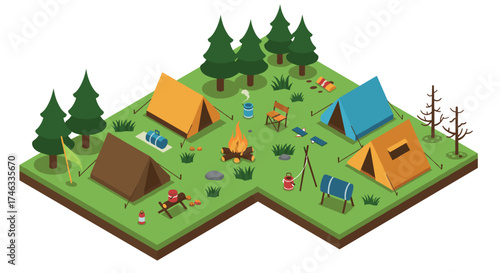 Isometric camping scene with tents and campfire in a forested area