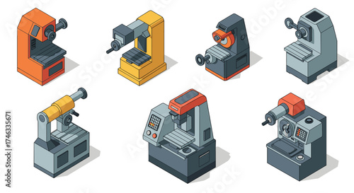 Isometric cnc machine icons set in bold colors for industrial design projects