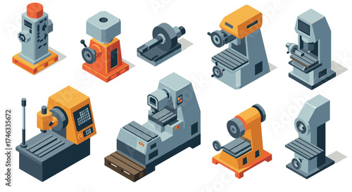Isometric industrial machines collection in vibrant colors