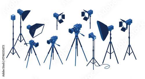 Blue isometric photography equipment collection with tripods and lights