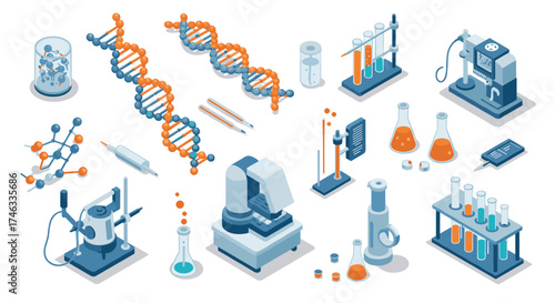 Scientific equipment and molecular structures in isometric style for laboratory research