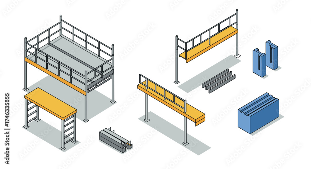 Obraz premium Isometric construction scaffolding elements set with shadows