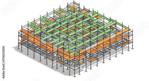 Isometric building construction scaffold with colorful platforms