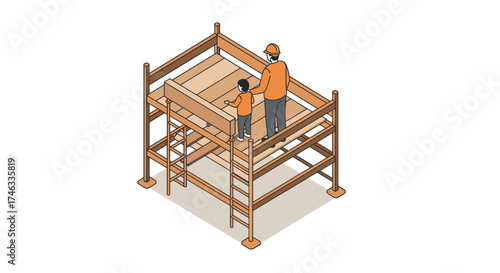 Construction safety awareness: workers on scaffolding in isometric design