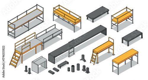 Isometric industrial workbenches and platforms with safety rails and accessories