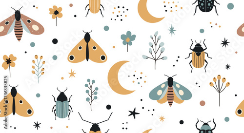 Whimsical insects and celestial elements on a white background.