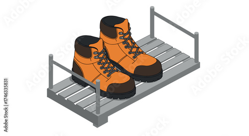 Isometric safety boots on industrial shelf: rugged footwear in workplace setting
