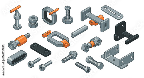 Industrial metal fasteners set in isometric style featuring bolts, nuts, and clamps