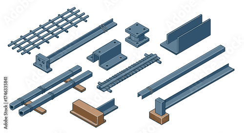 Isometric metal construction materials and steel structures set