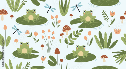 A charming frog pattern with dragonflies and mushrooms.