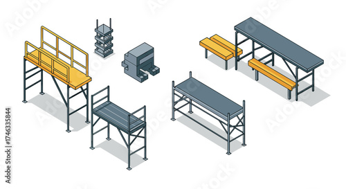 Isometric construction scaffolding set with platforms and benches