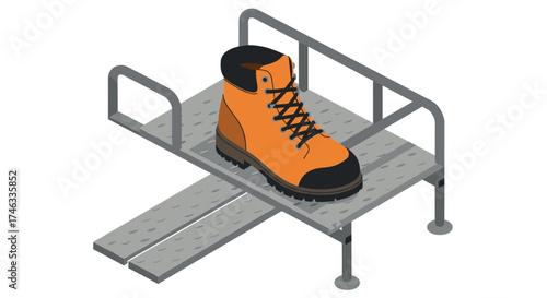 Isometric orange hiking boot on metallic platform