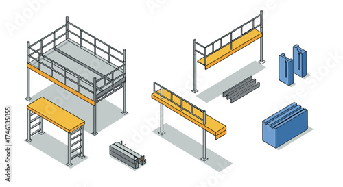 Isometric construction scaffolding elements set with shadows