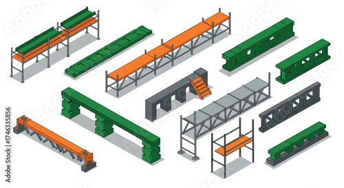 Isometric warehouse storage racks and shelving in green and orange