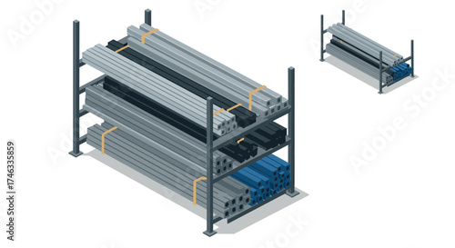 Industrial metal beam storage with isometric steel shelves for construction