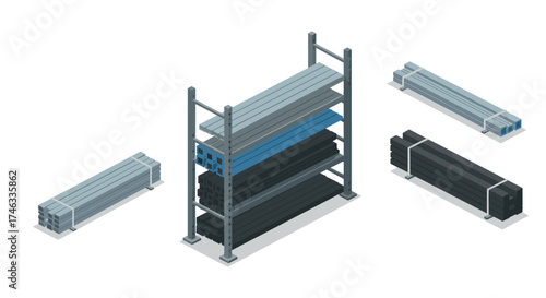 Industrial steel beams on metal rack in isometric style for construction and engineering