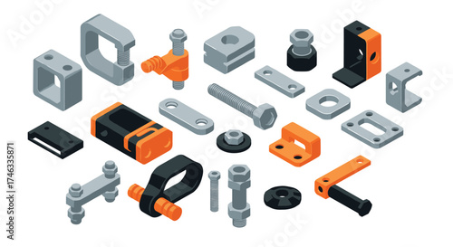 Industrial fasteners and metal parts in 3d isometric design