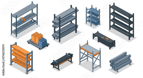 Isometric industrial shelving units and storage racks in modern design