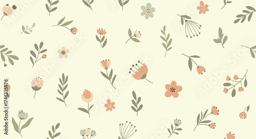 A collection of small delicate flowers and leaves on a cream background.