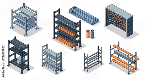 Isometric industrial storage racks with metal shelves and pipes