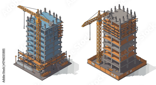 Isometric construction site with cranes and buildings in progress