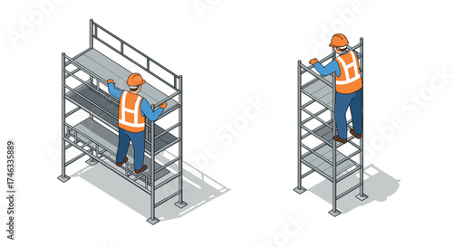 Construction worker climbing scaffolding in safety gear isometric illustration