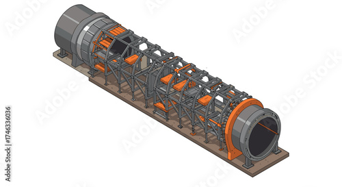 Industrial equipment blueprint: detailed isometric rendering of mechanical structure
