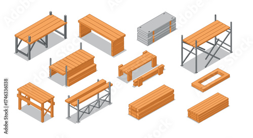Isometric wooden construction materials and scaffolding set
