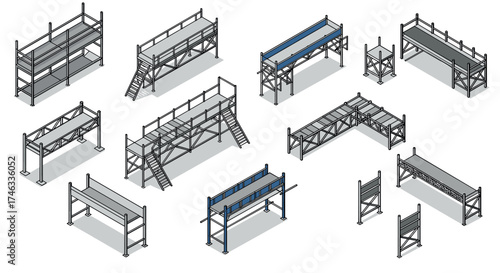 Isometric 3d construction structures with steel scaffolding and platforms