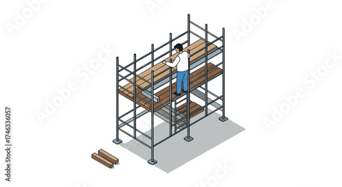 Construction worker on scaffolding checking plans in isometric design