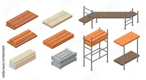 Isometric wood and metal construction materials set for building projects