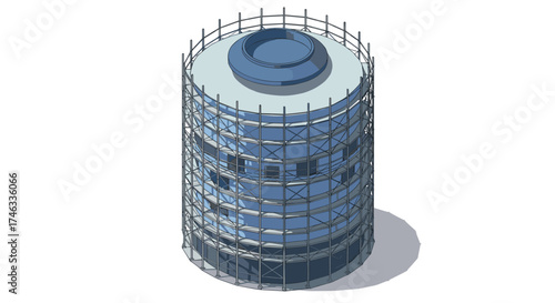 Urban construction scene featuring cylindrical building with scaffolding in isometric design