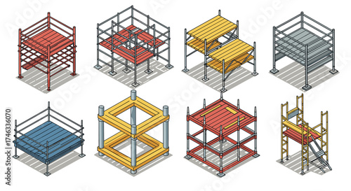 Isometric scaffolding construction set with steel frames and wooden platforms
