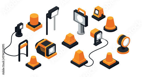 Isometric collection of construction and traffic safety equipment with orange and black design