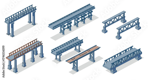 Isometric bridge designs: collection of structural engineering elements in blue tones
