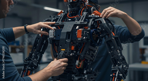 Engineers assembling a sophisticated bionic robot torso with intricate wiring and metal components, advanced technology