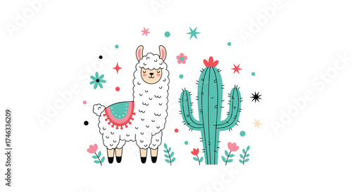 Cute fluffy llama and cartoon cactus in a desert garden.