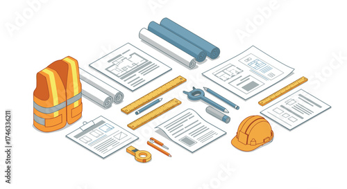 Architectural tools and construction planning in isometric design layout