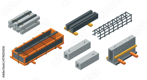 Isometric construction materials set with concrete and rebar elements