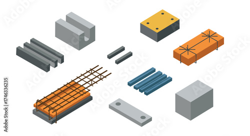 Isometric construction elements: concrete blocks and rebar frames