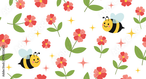 Cute cartoon bees and flowers pattern.