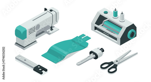 Modern sewing machine and tools in isometric design for fashion and craft enthusiasts
