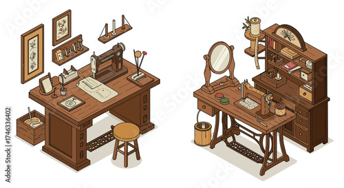 Vintage sewing workstation with antique tools and rustic decor in isometric design