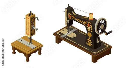 Vintage sewing machines in isometric style with ornate details