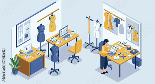 Fashion design studio with sewing tools in modern isometric workspace